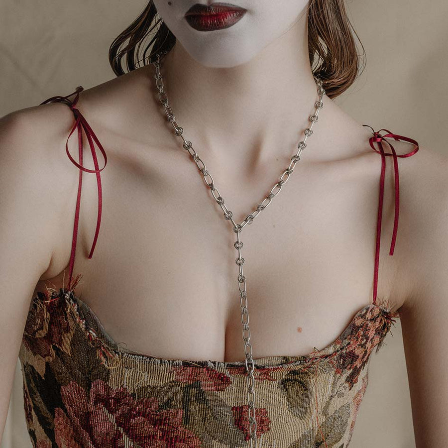 MABEL. Twisted Rope Lariat Chain - Silver silver unique twisted knot chain worn on model