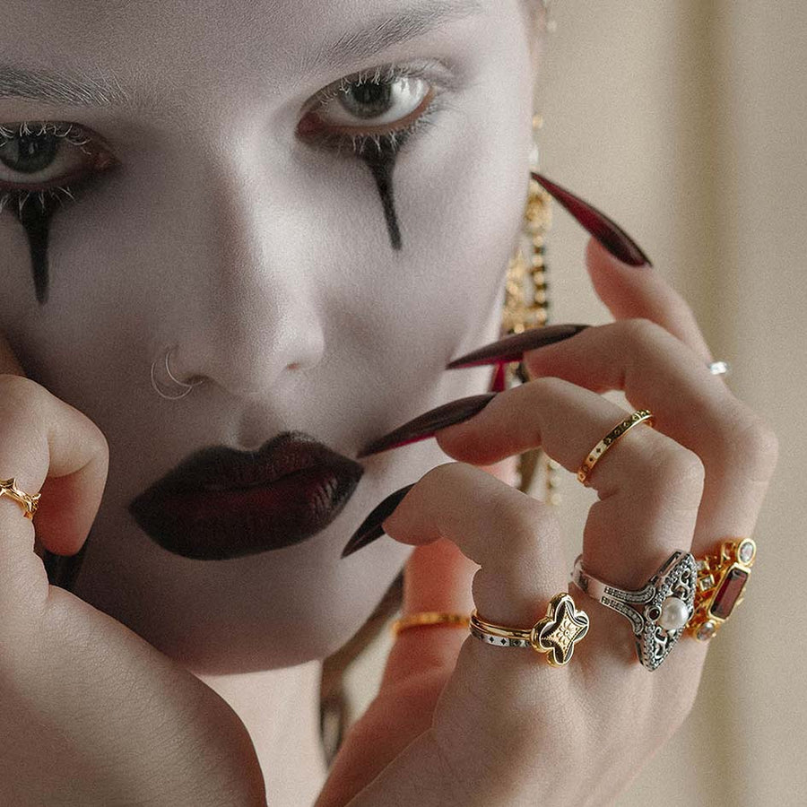 ARABELLA. Thorn Encased Pearl Ring - Silver silver and gold gothic rings stacked worn by model