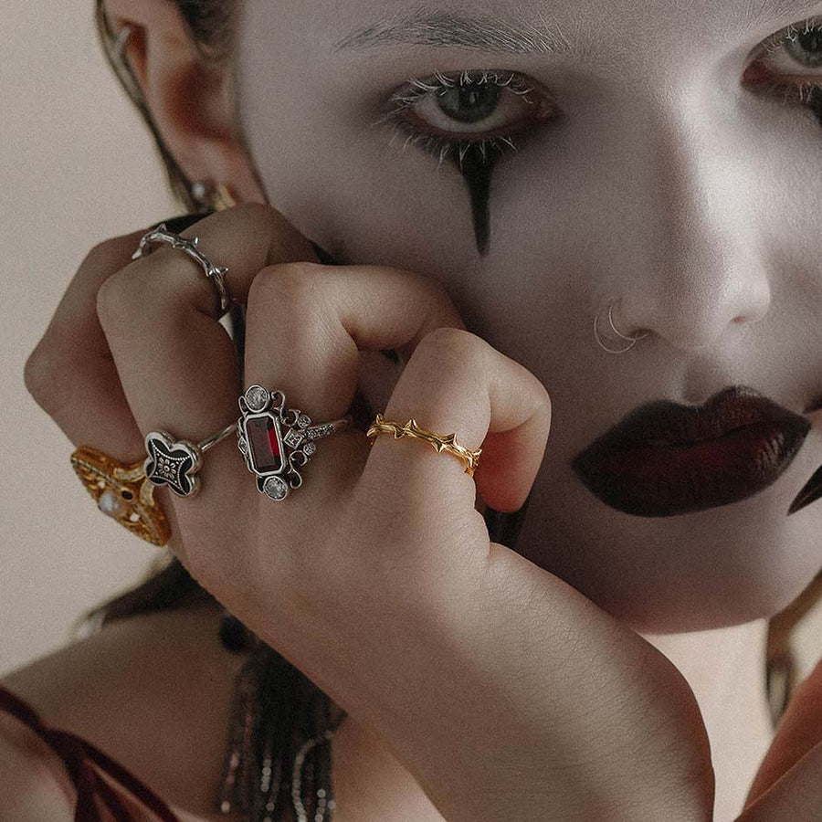 TAUNT. Thorn & Garnet Cocktail Ring - Silver gold and silver detailed gemstone gothic rings