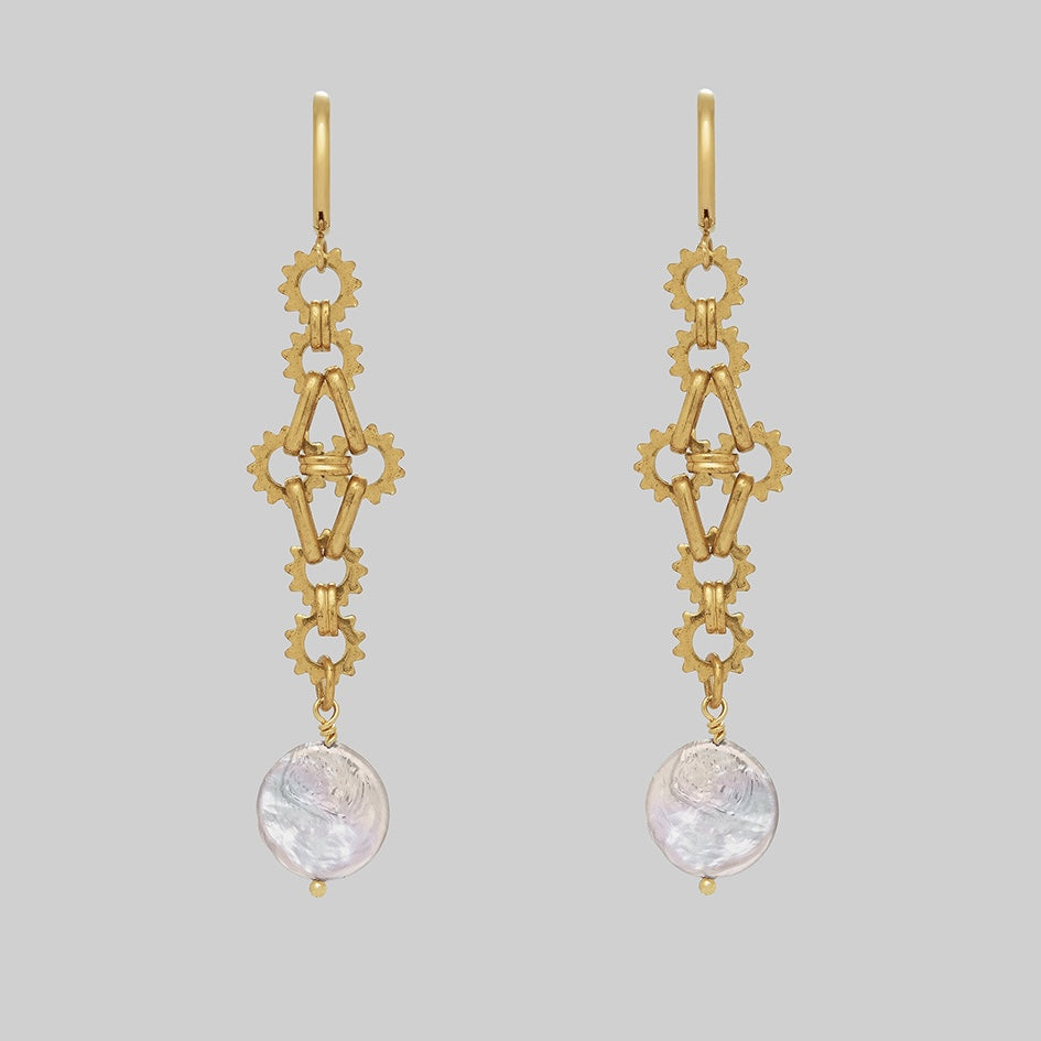 Gold full moon pearl statement hoop earrings