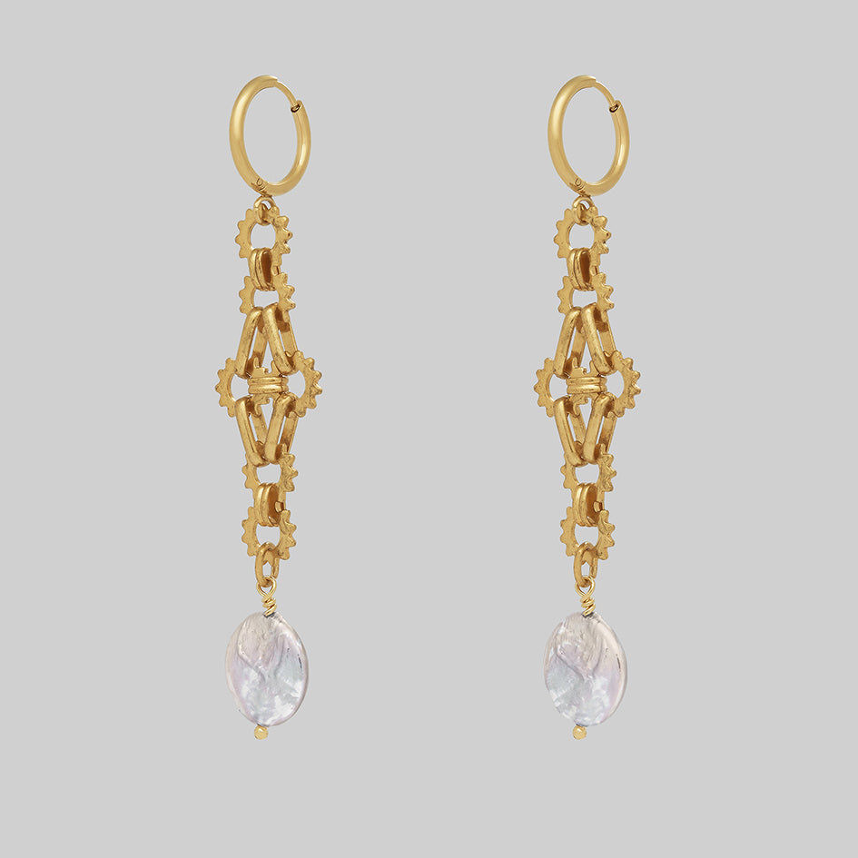 Gold moon pearl statement hoop earrings