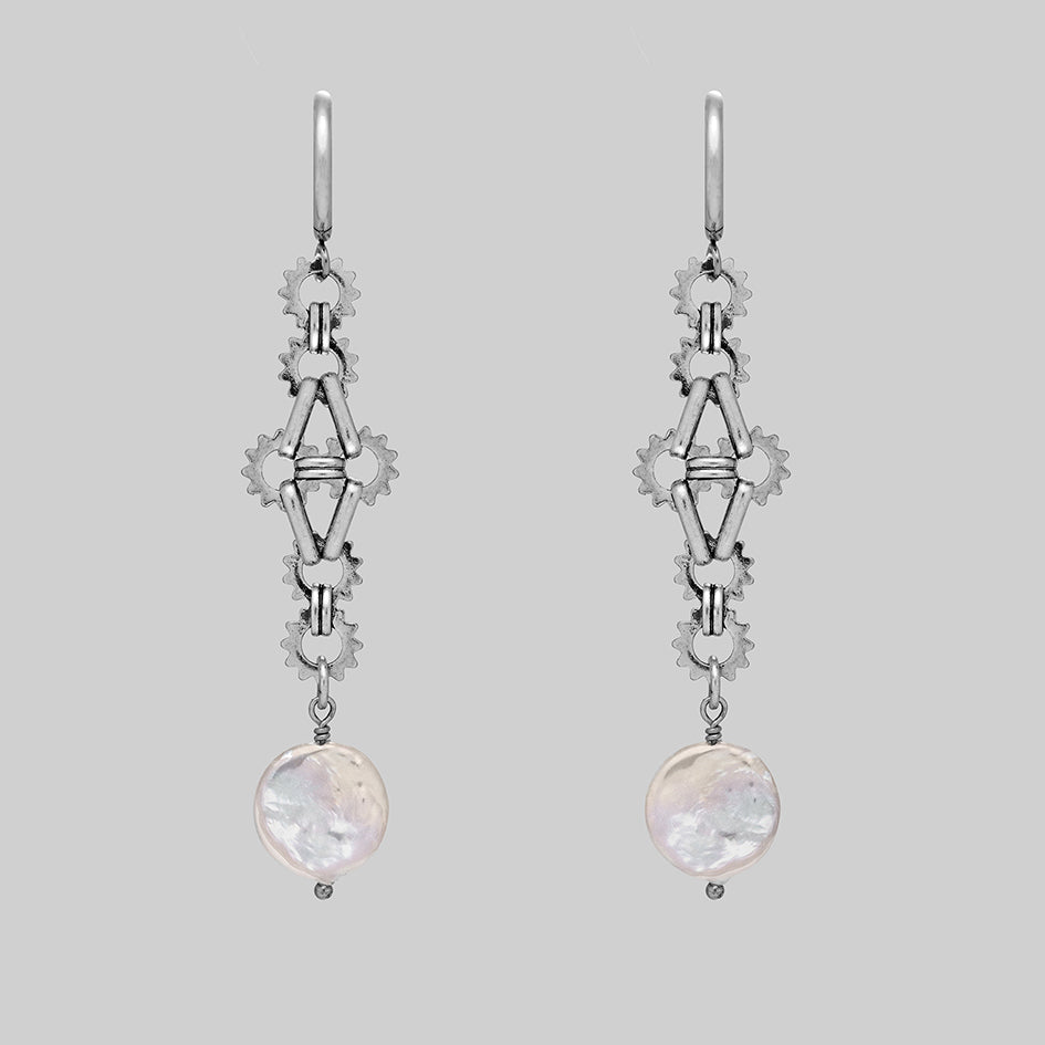 Silver moon pearl hoop statement earrings