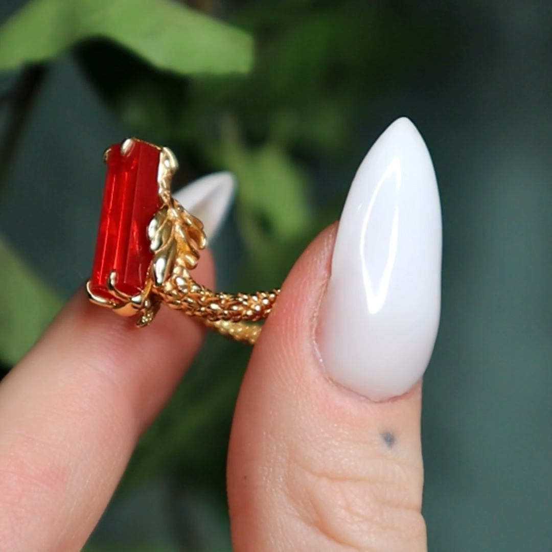 red glass dragon ring gold