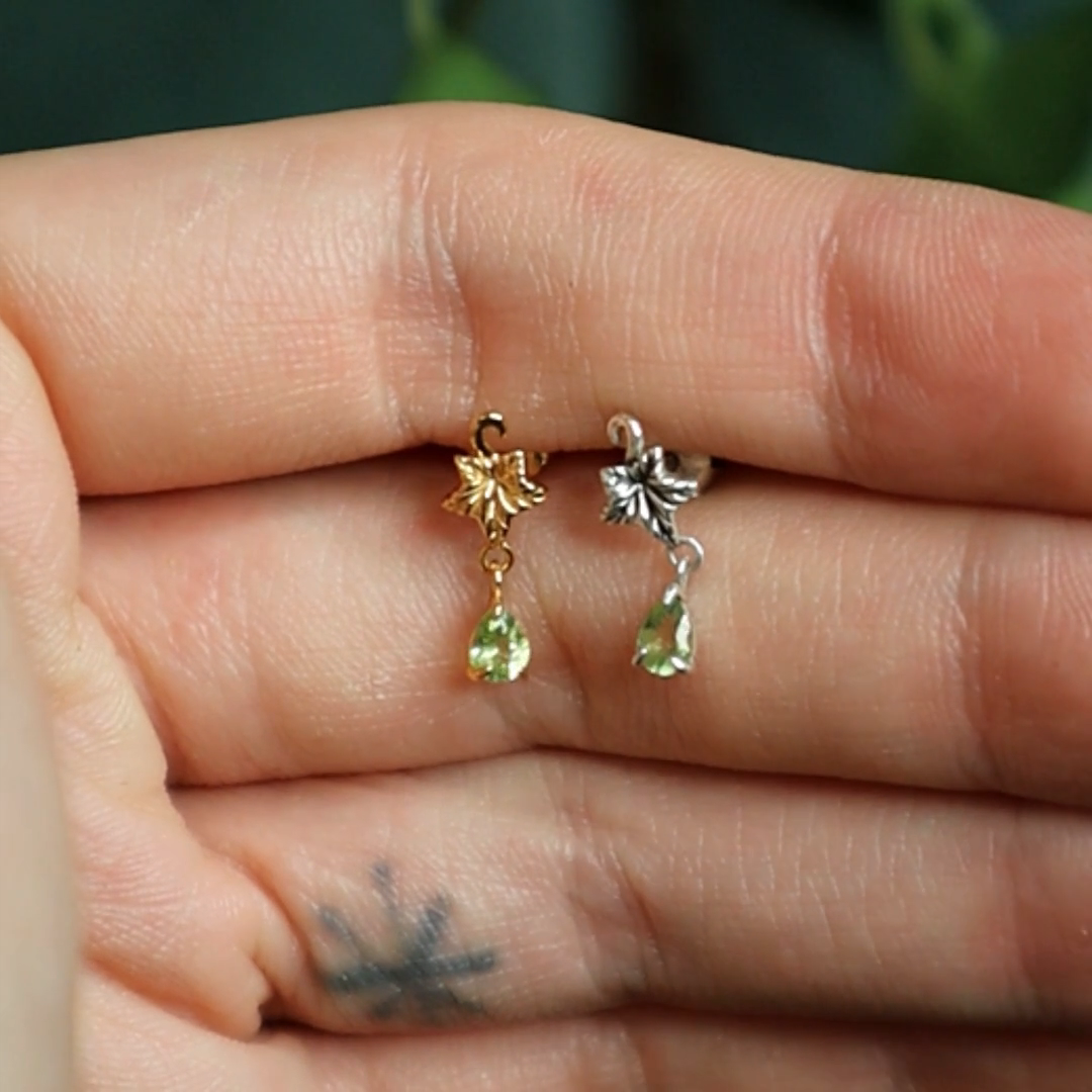 ivy leaf peridot drop earrings silver gold