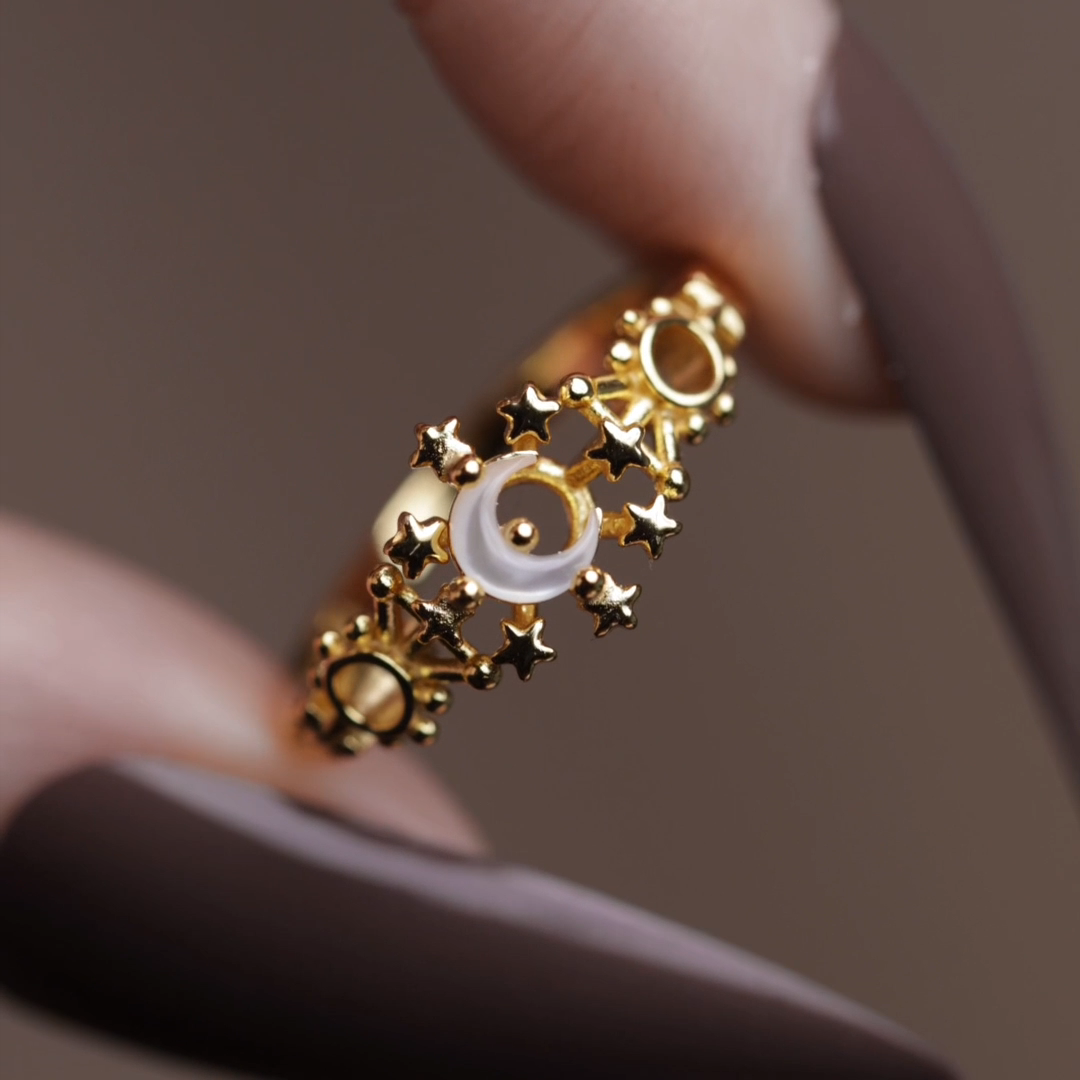 gold crescent moon stars pearl cosmic ring