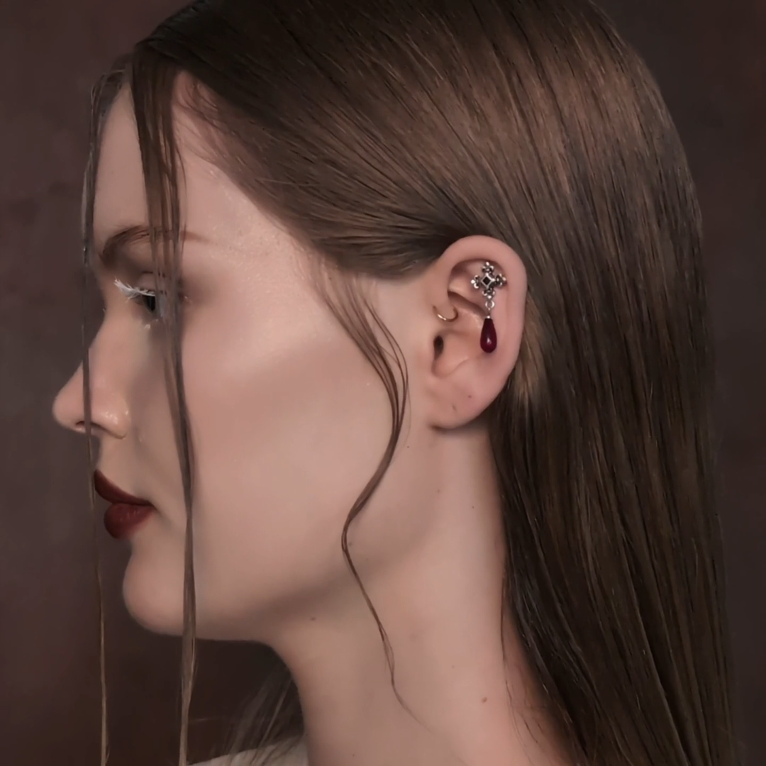 silver medieval cross garnet stud earring