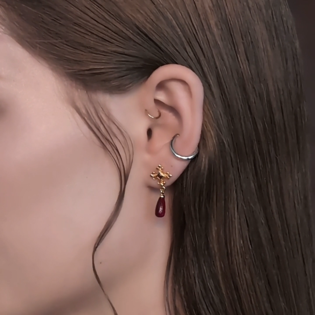 gold medieval cross red glass garnet stud earrings