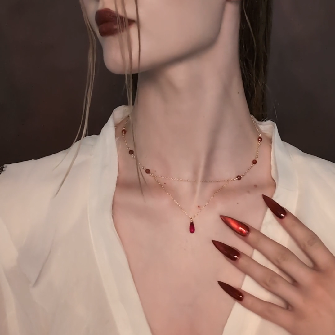 gold and red droplet necklace dainty chain