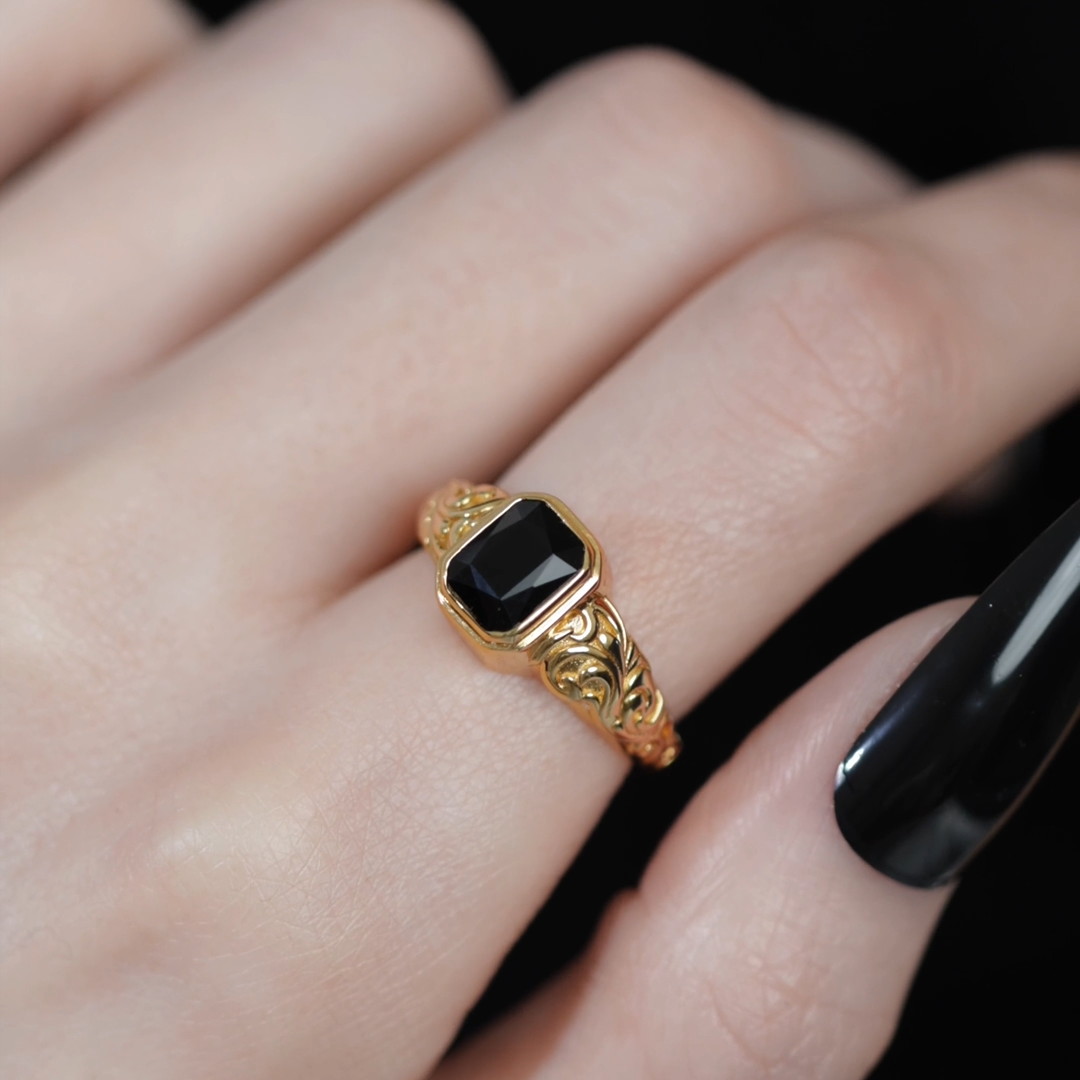 Gold onyx cremation ashes mourning ring gothic