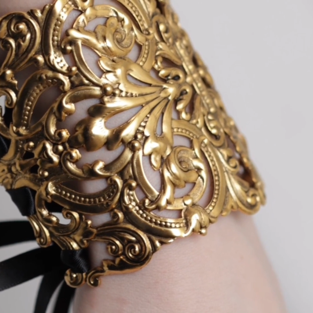 Decorative gothic corset cuff bracelet intricate design black lace straps