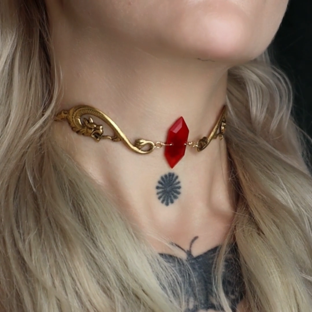 red glass dragon choker gold