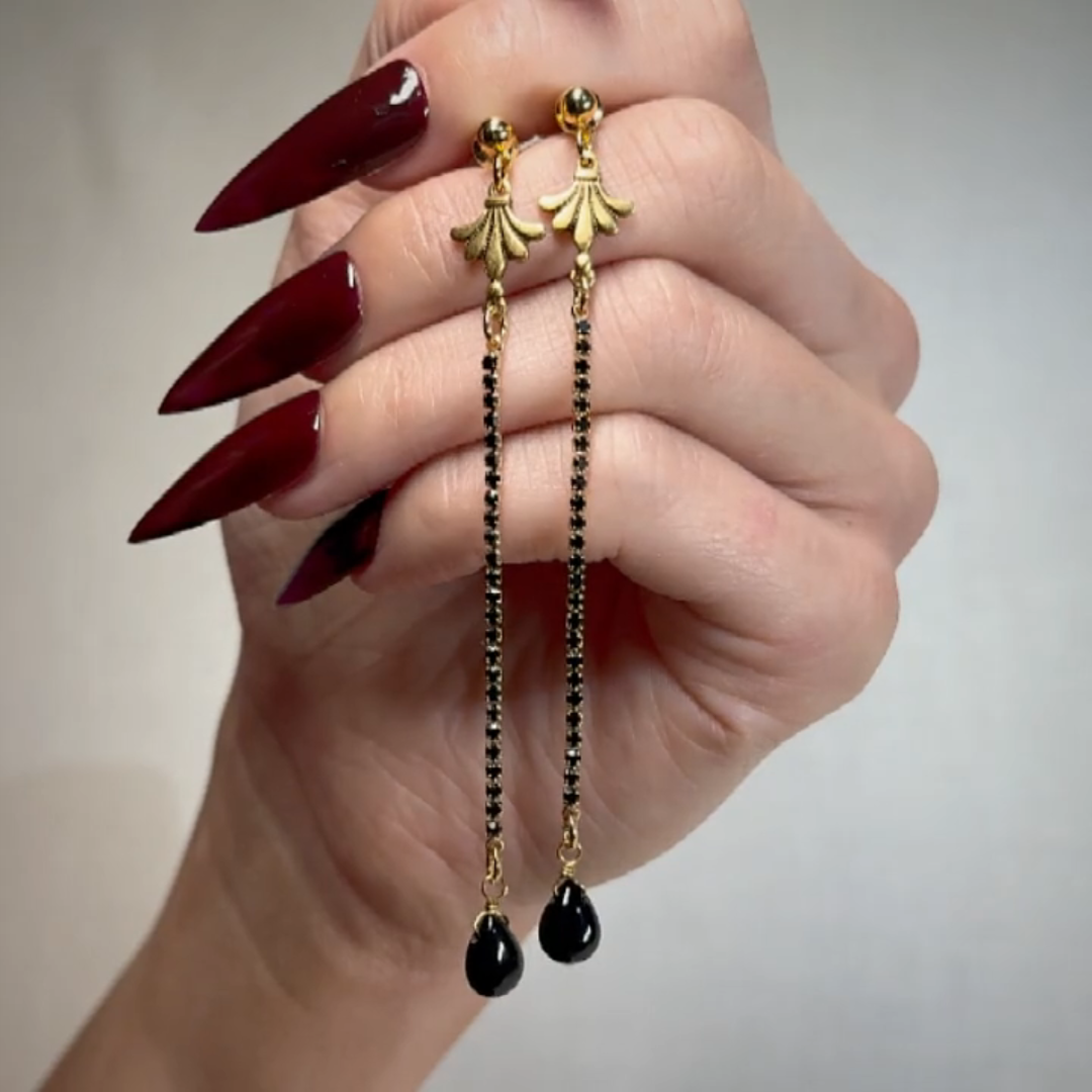 gold black stone vintage style long earrings
