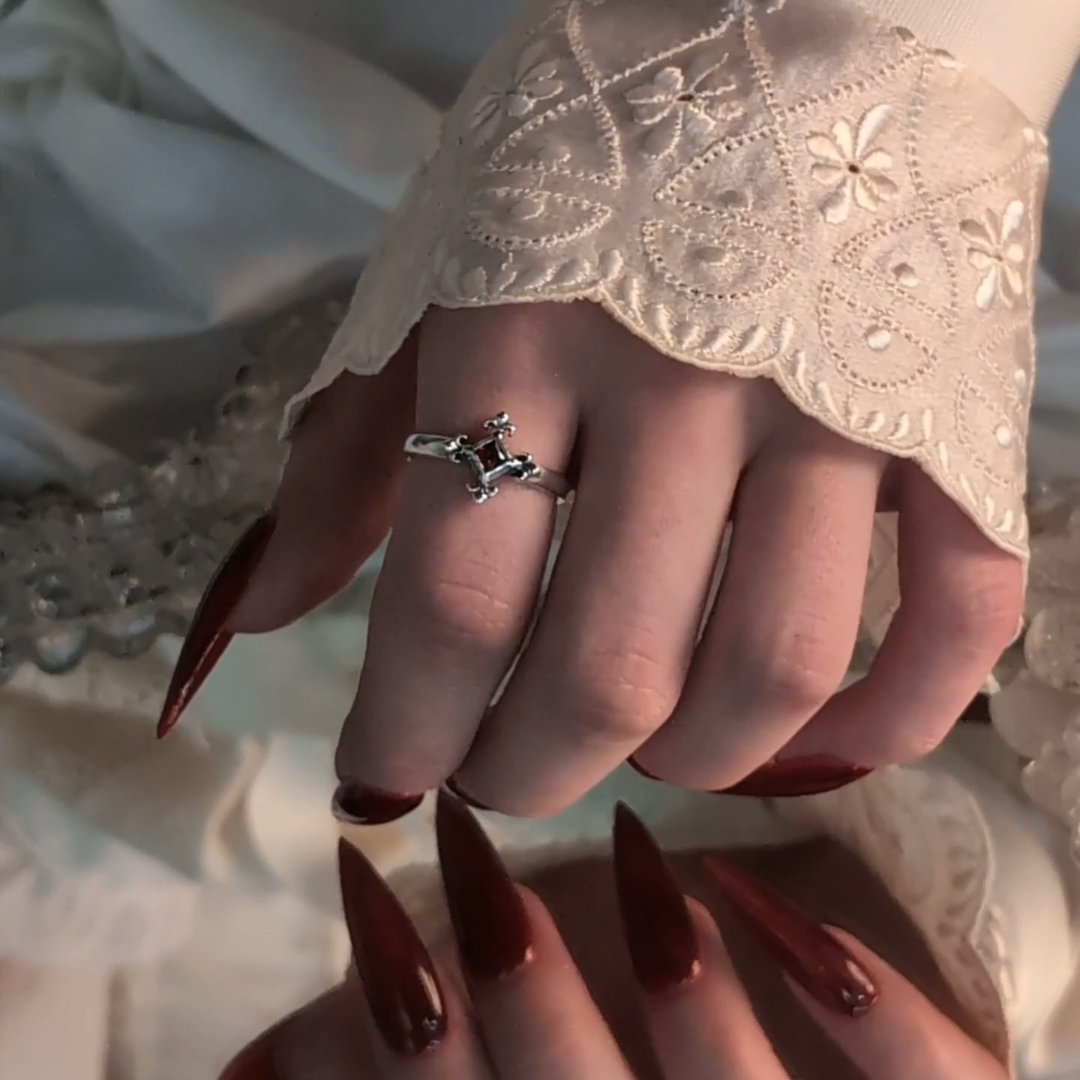 silver medieval fleur-de-lis garnet ring