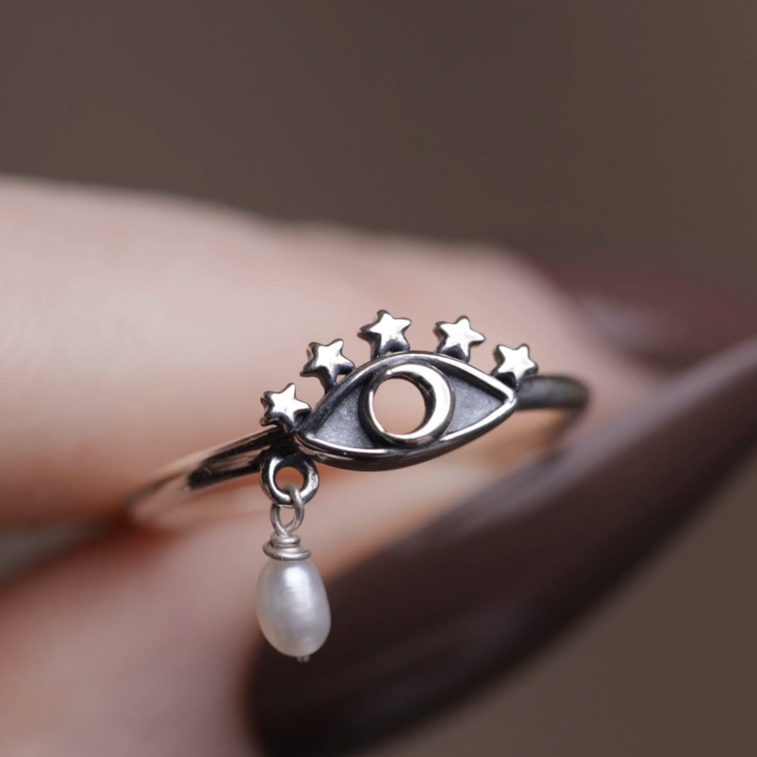silver crescent moon eye pearl ring