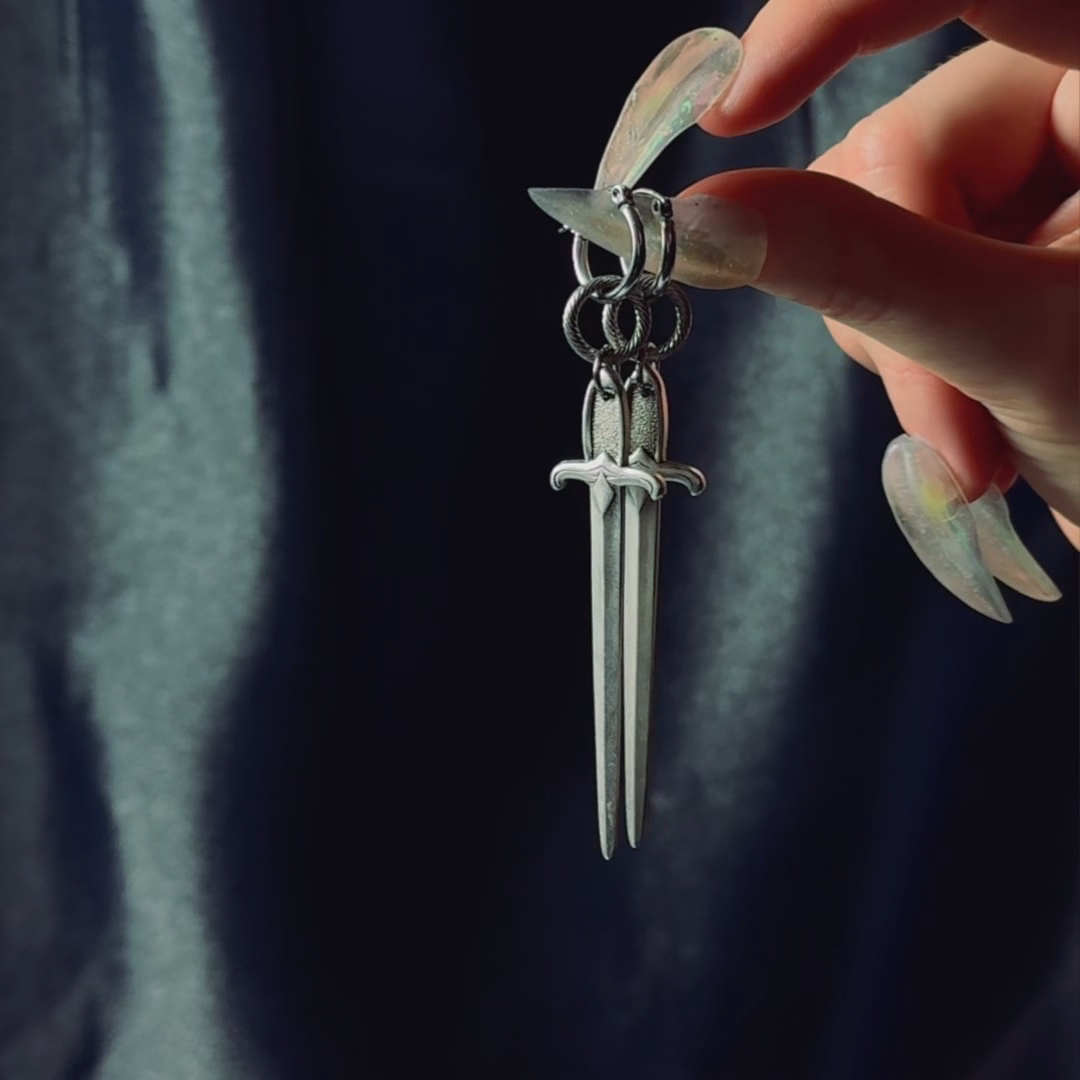 gothic sword hoop earrings silver