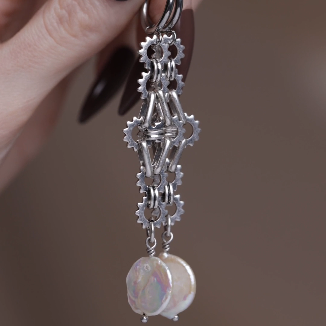 Silver pearl moon statement cog hoop earrings