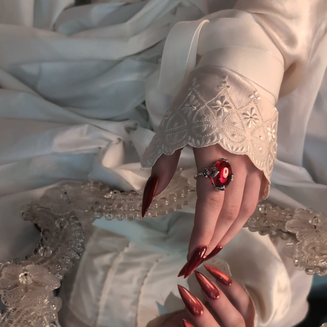 silver vampesque gothic fleur-de-lis red glass ring