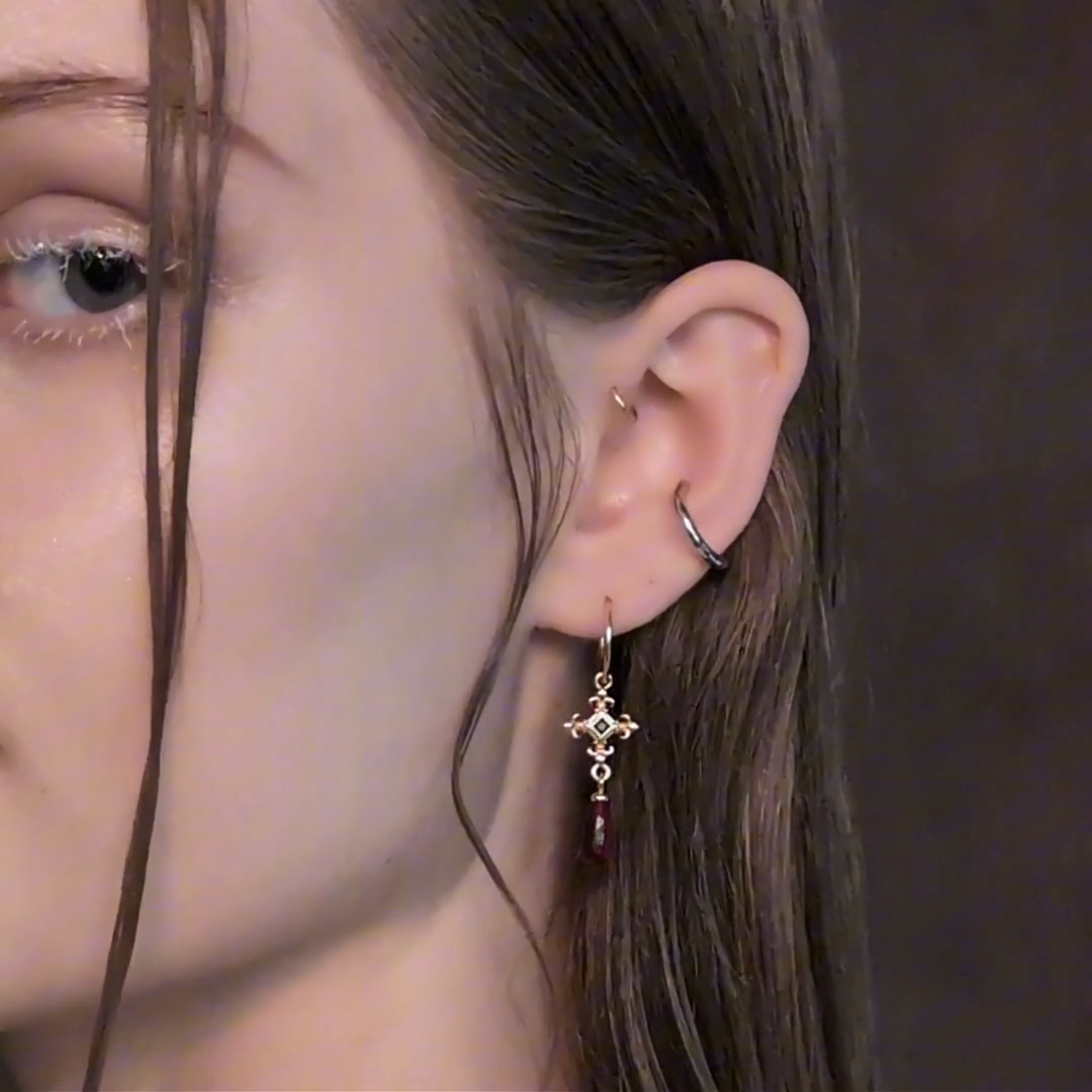 gold medieval cross red glass garnet hoop earrings