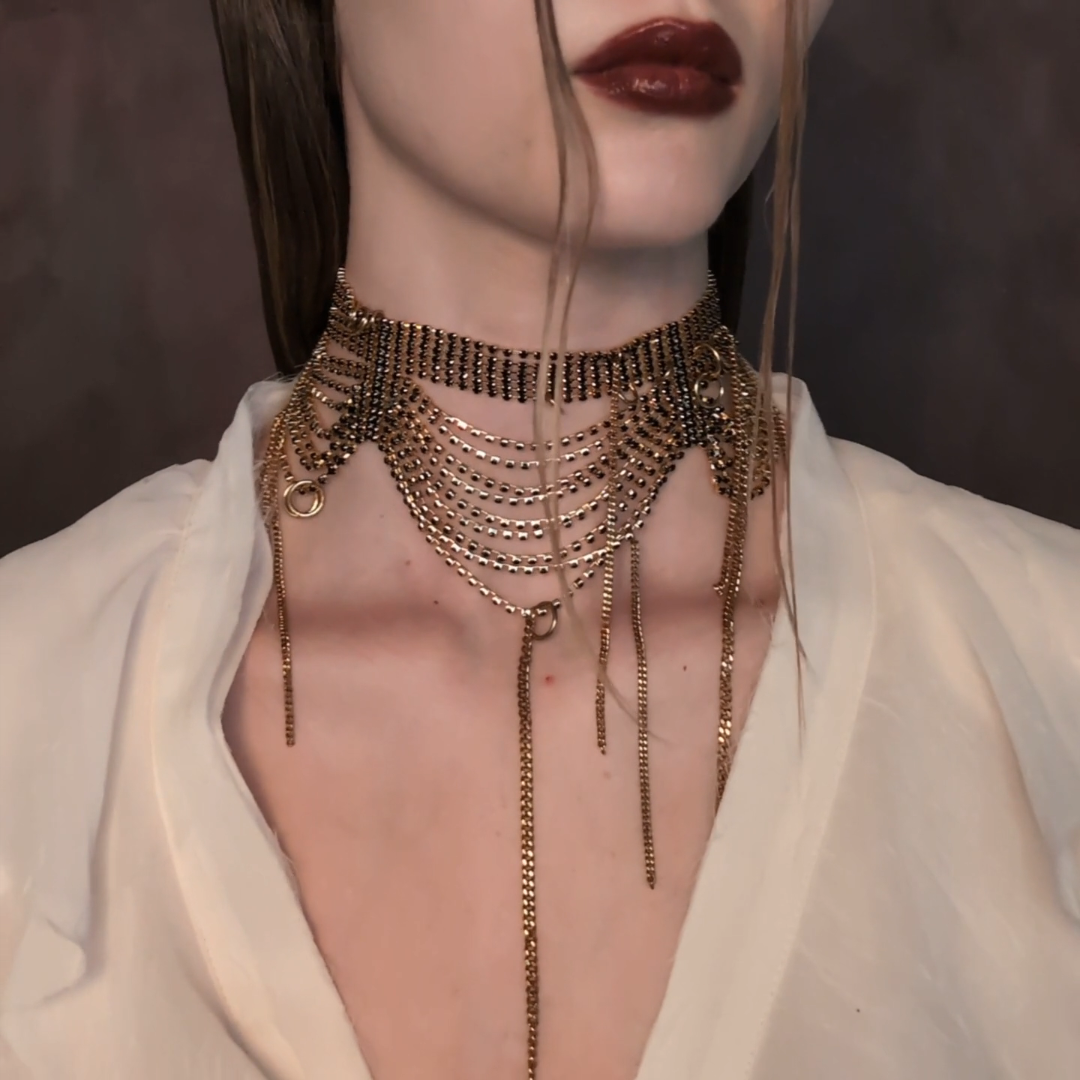 gold dazzle black cz chain drop choker