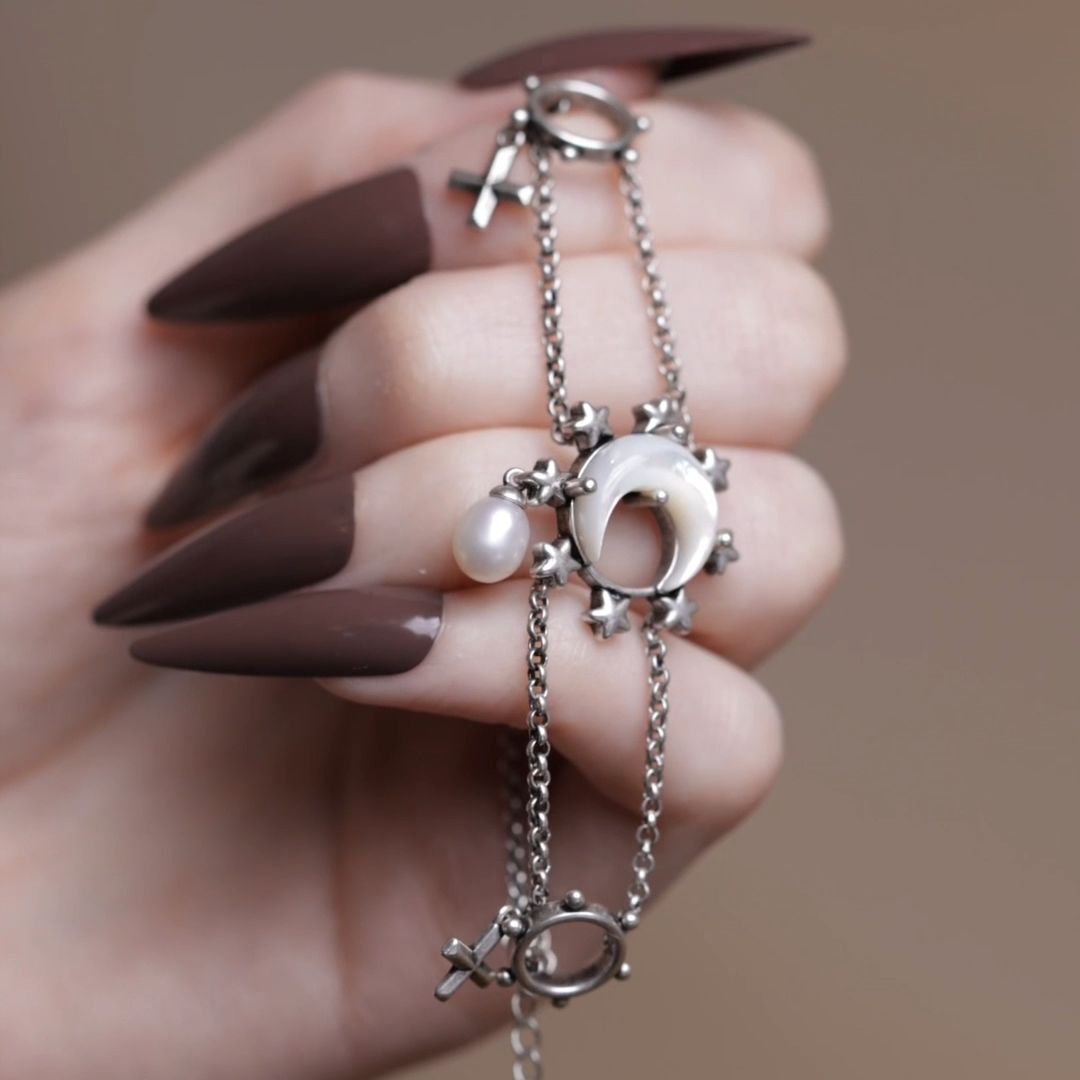 silver crescent moon pearl gothic bracelet