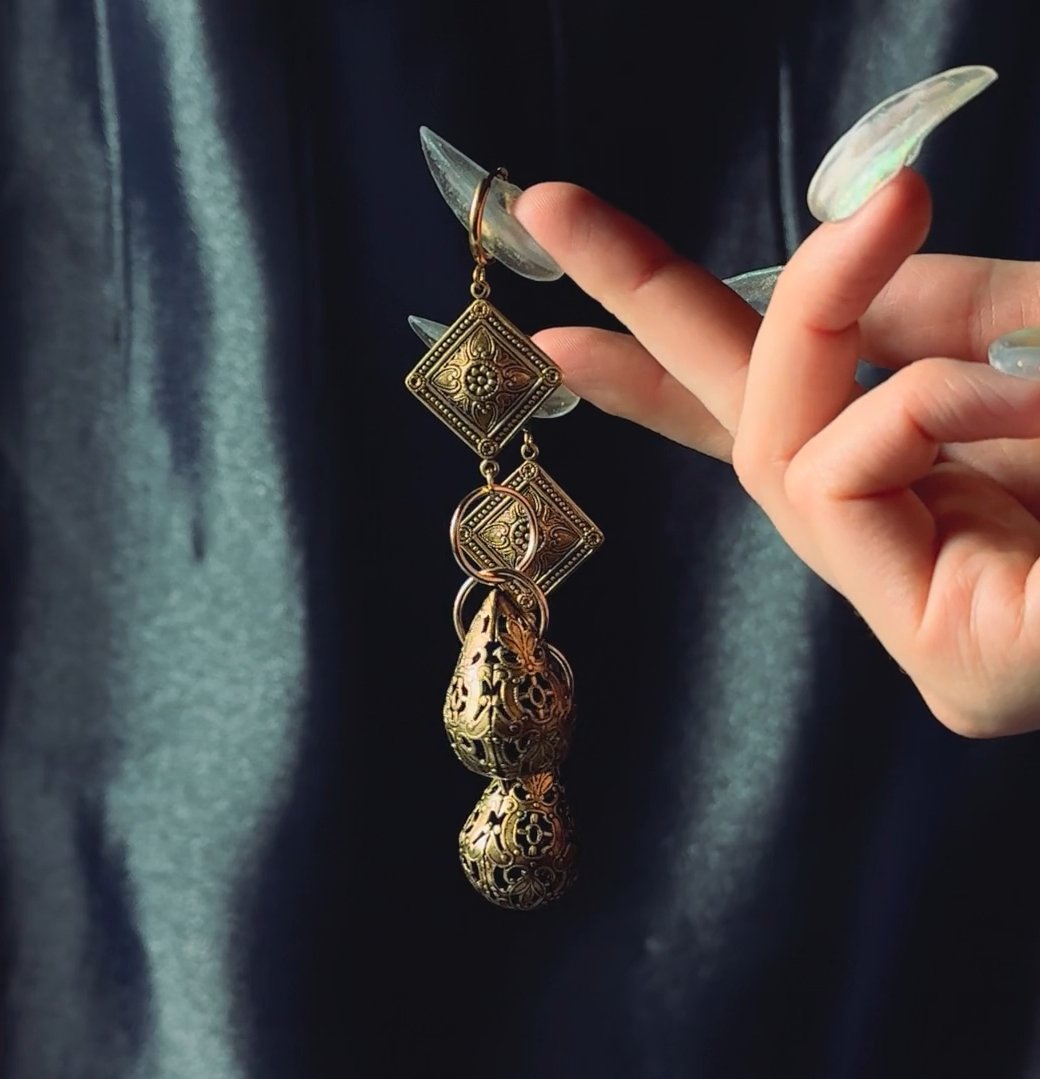 gothic teardrop antique gold hoop earrings filigree