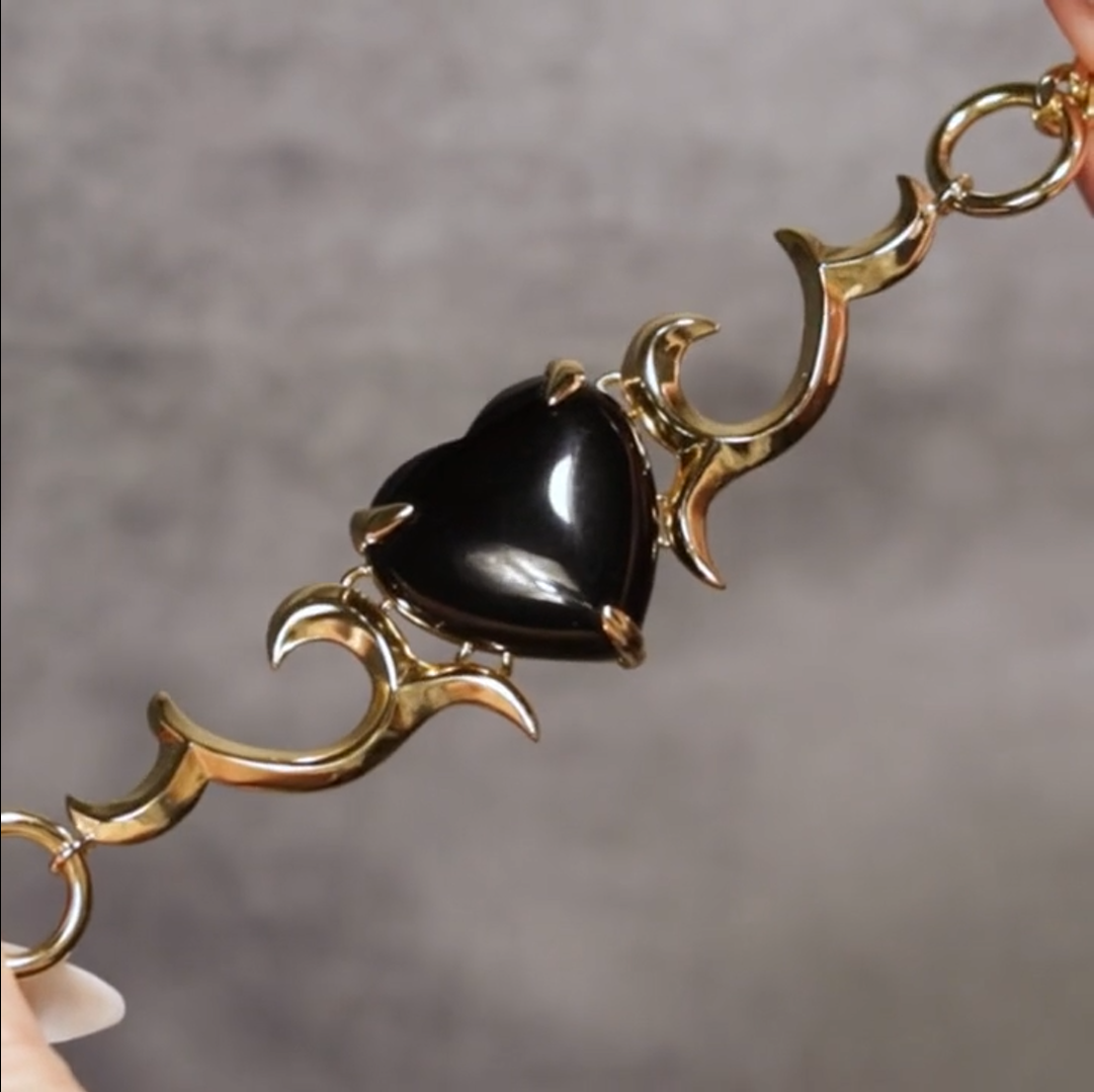 Gold black obsidian heart glass choker with gothic detailing edgy jewellery
