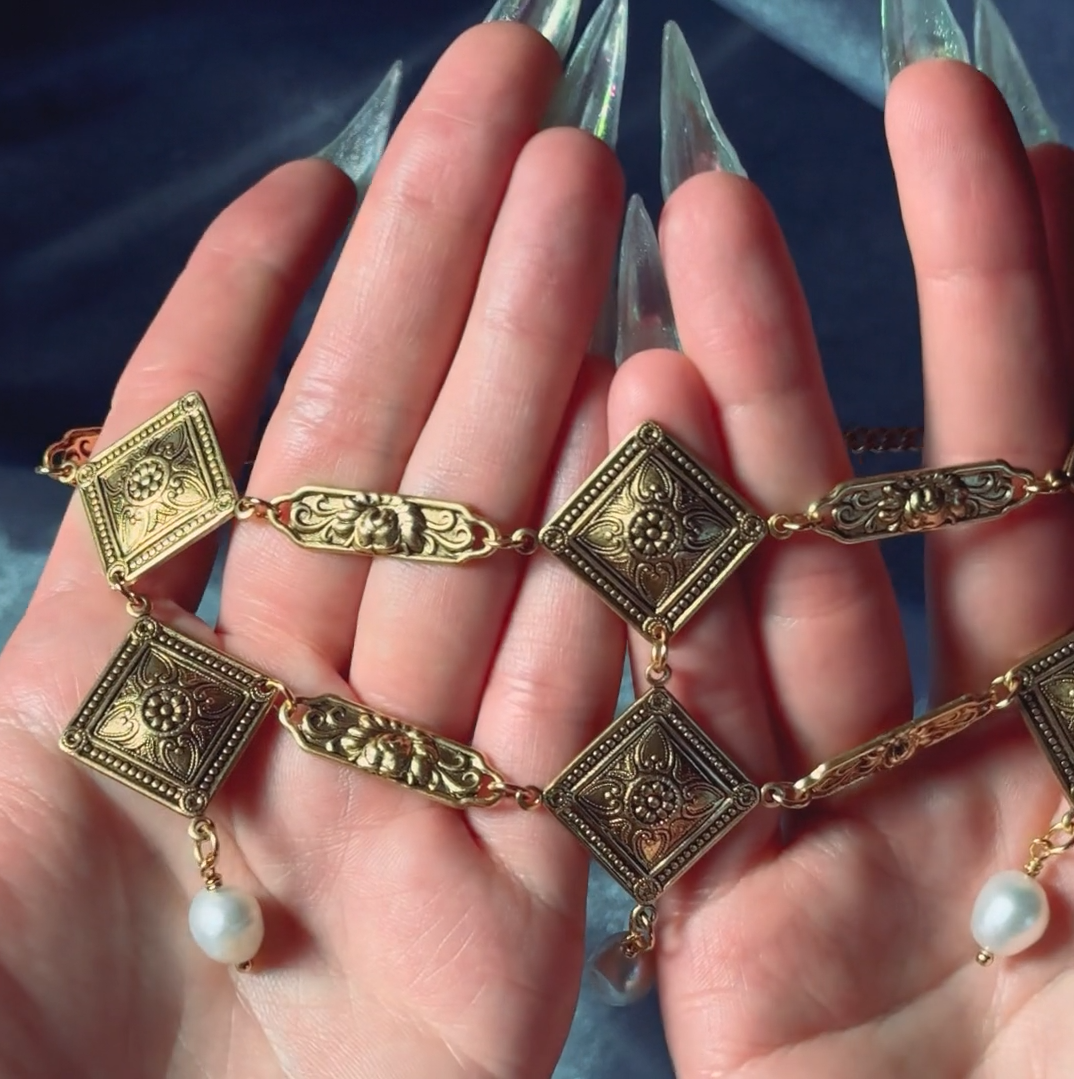 ornate gothic pearl gold choker