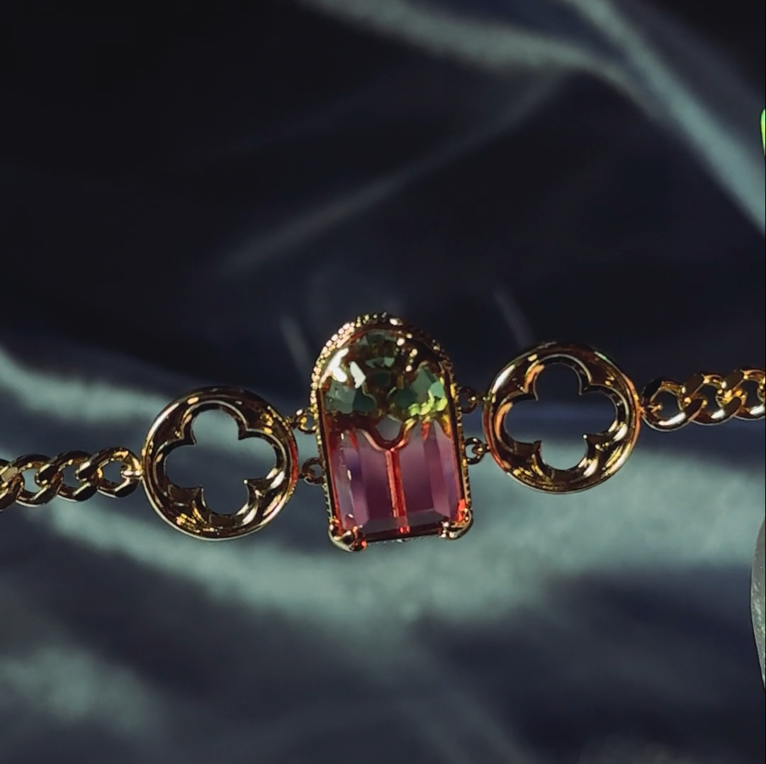 gothic cathedral window green pink tourmaline glass choker gold arch ombré