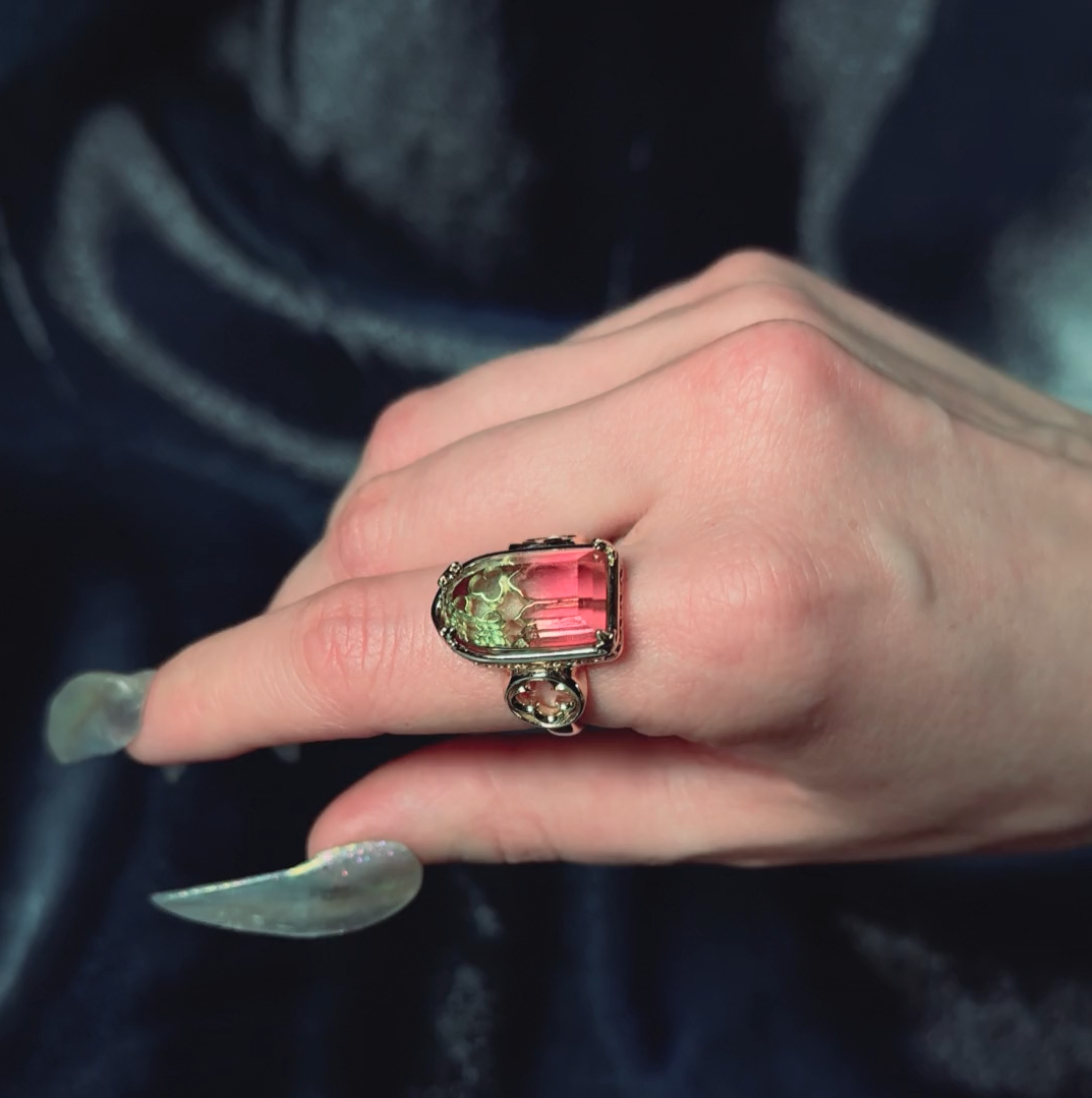 gothic cathedral window green pink tourmaline glass ring gold arch ombré