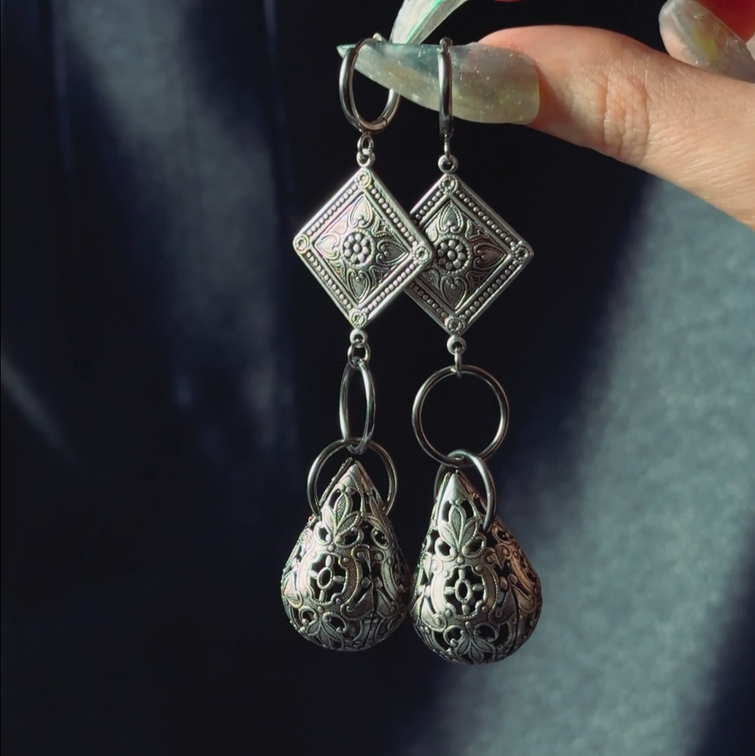 gothic teardrop antique silver hoop earrings filigree