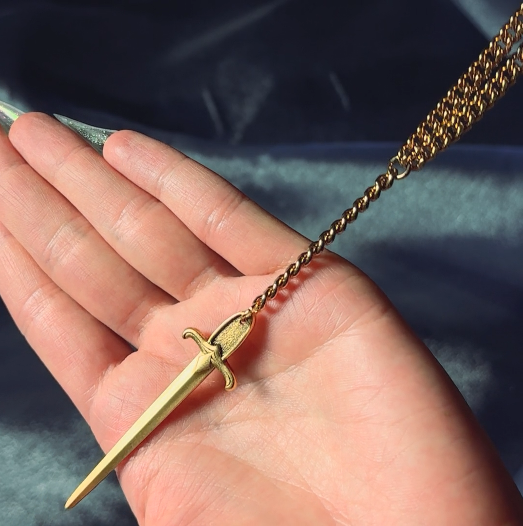 gothic sword lariat drop gold necklace