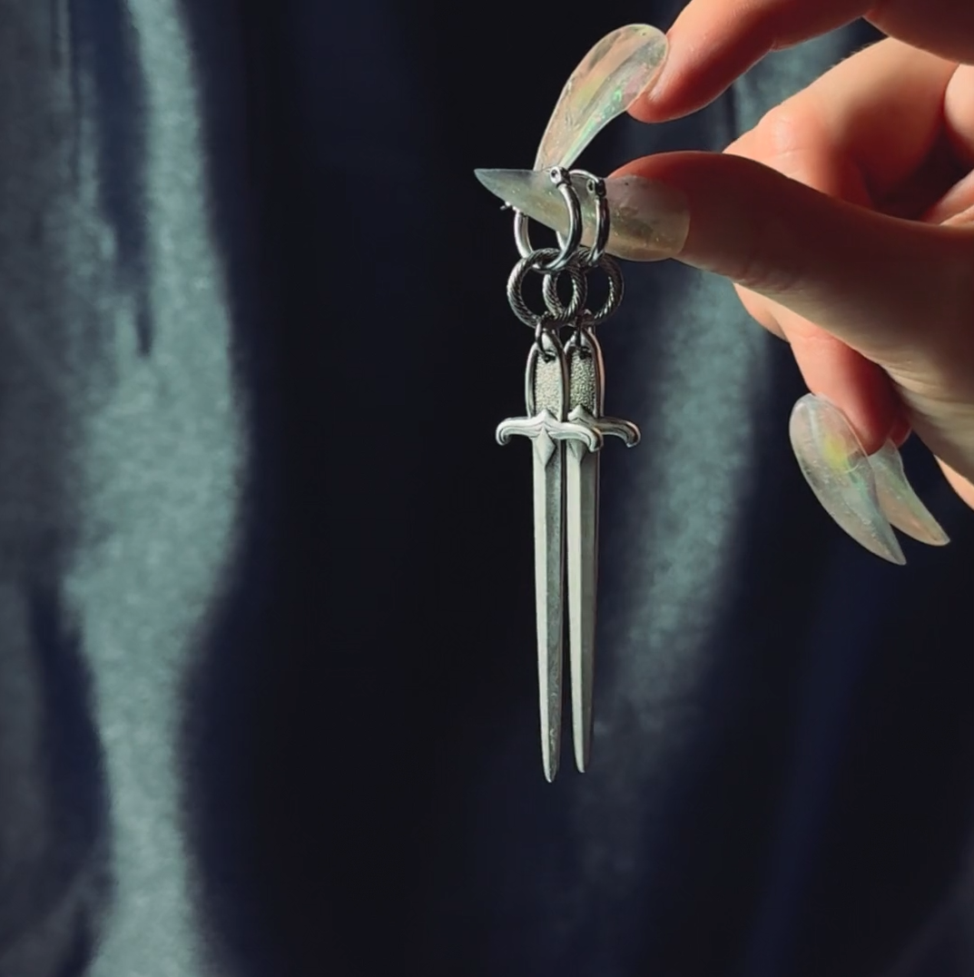 gothic sword hoop earrings silver