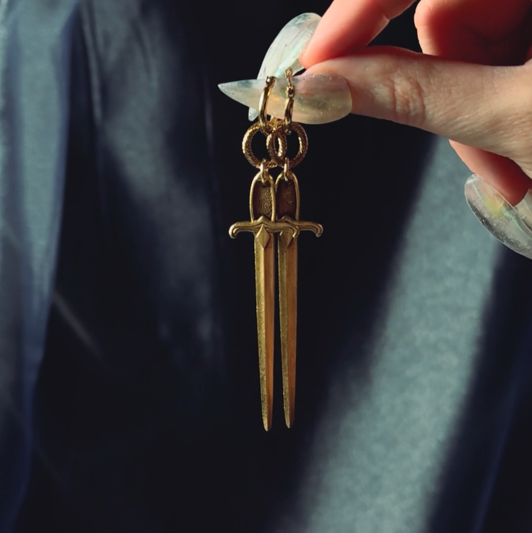 gothic sword hoop earrings gold