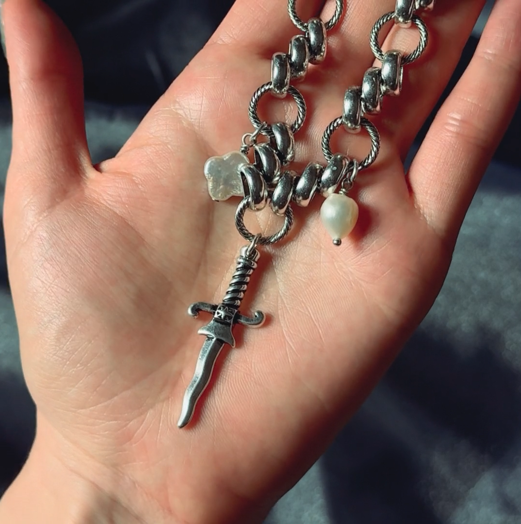 dagger pearl quatrefoil charm gothic necklace silver twisted rope chain
