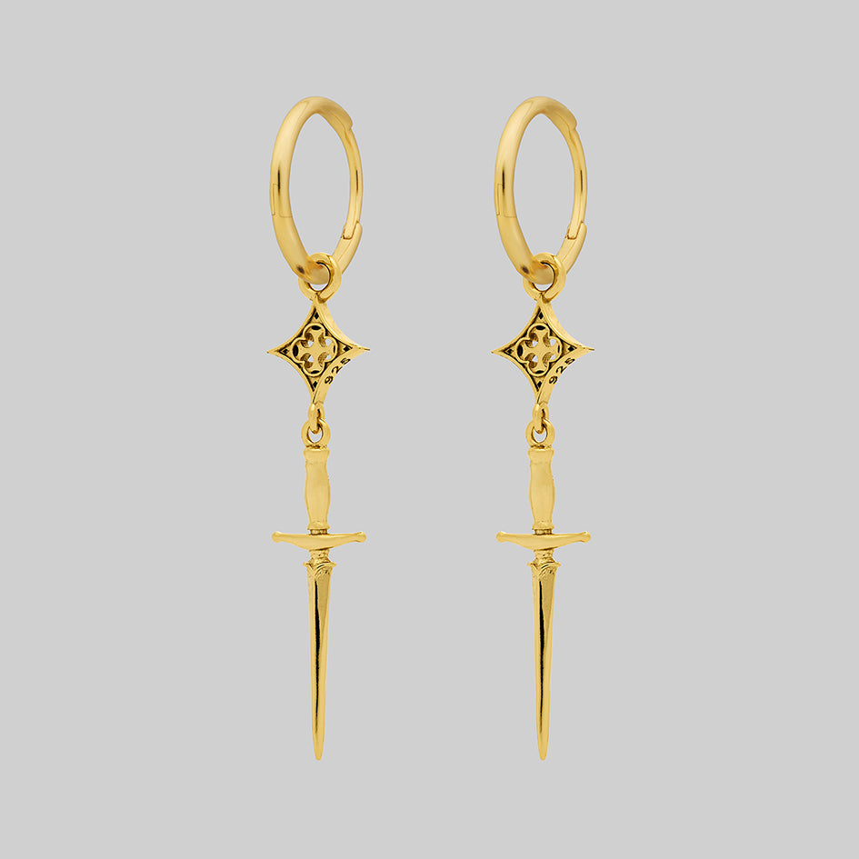 Gold dagger elizabethan dainty hoop earrings