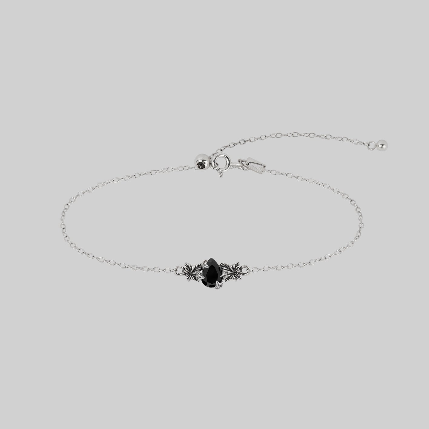 silver black onyx stone dainty chain bracelet with gothic detail alternative jewellery