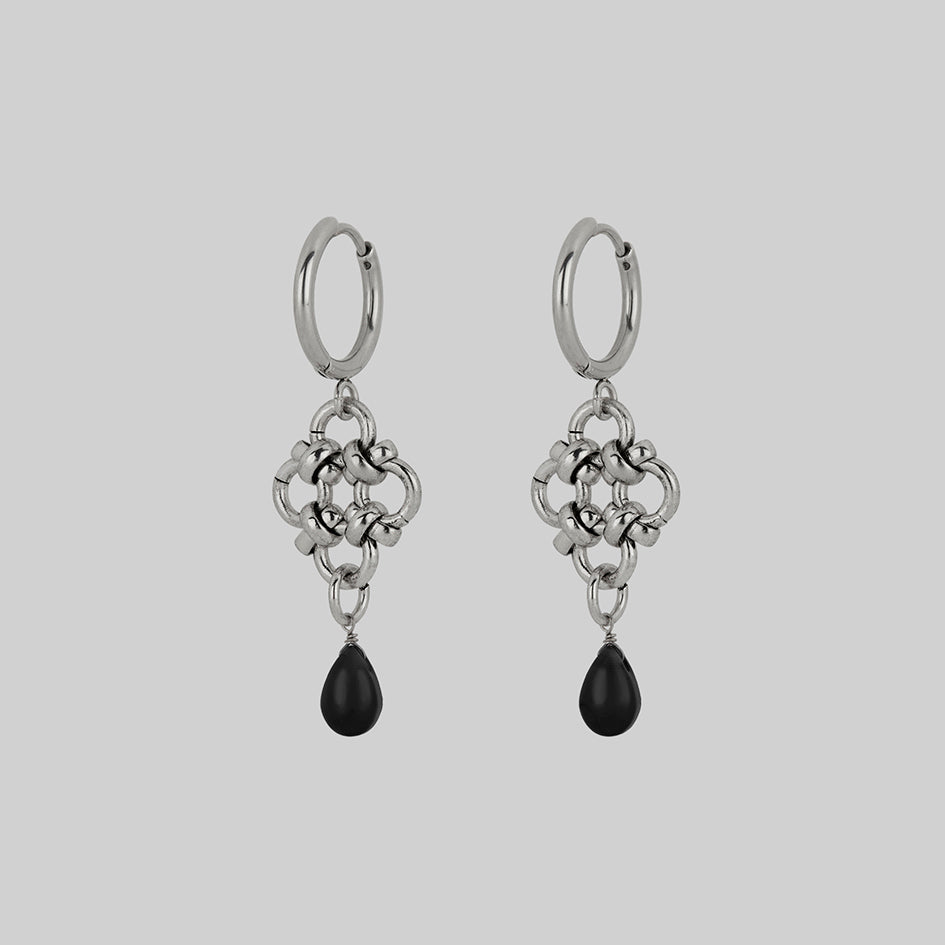 Silver gothic hoop earring with black agate pendant alternative jewellery
