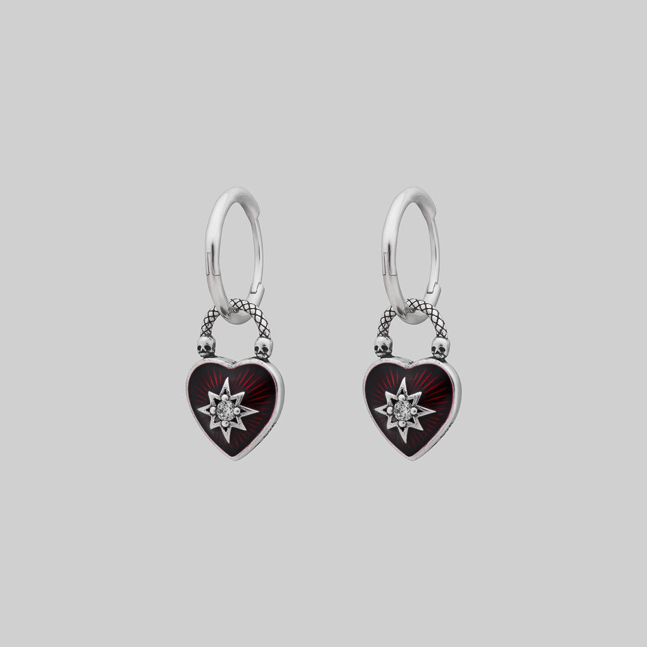 Silver gothic red heart shaped enamel padlock skull star hoop earrings