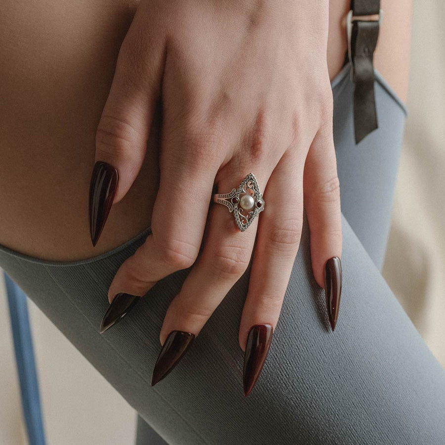 ARABELLA. Thorn Encased Pearl Ring - Silver silver pearl art deco garnet sparkle ring