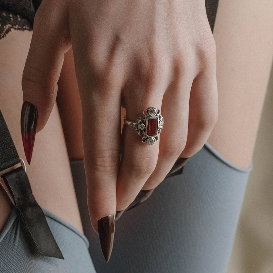 TAUNT. Thorn & Garnet Cocktail Ring - Silver Silver garnet gothic cocktail ring