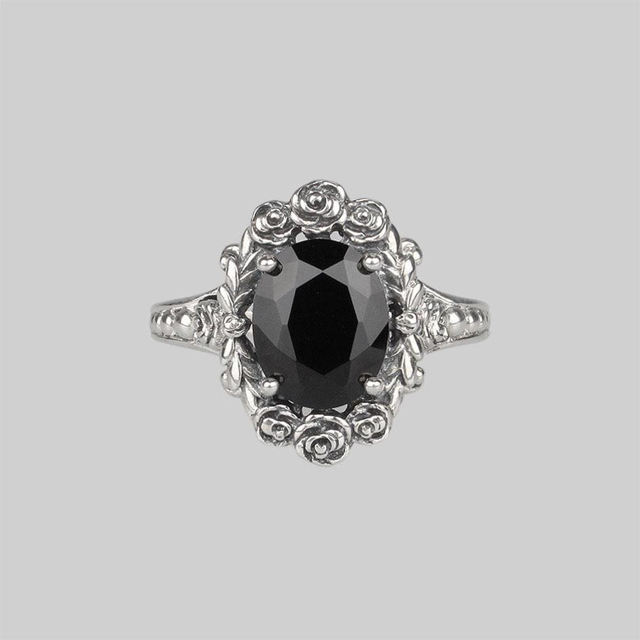 black gemstone flower ring