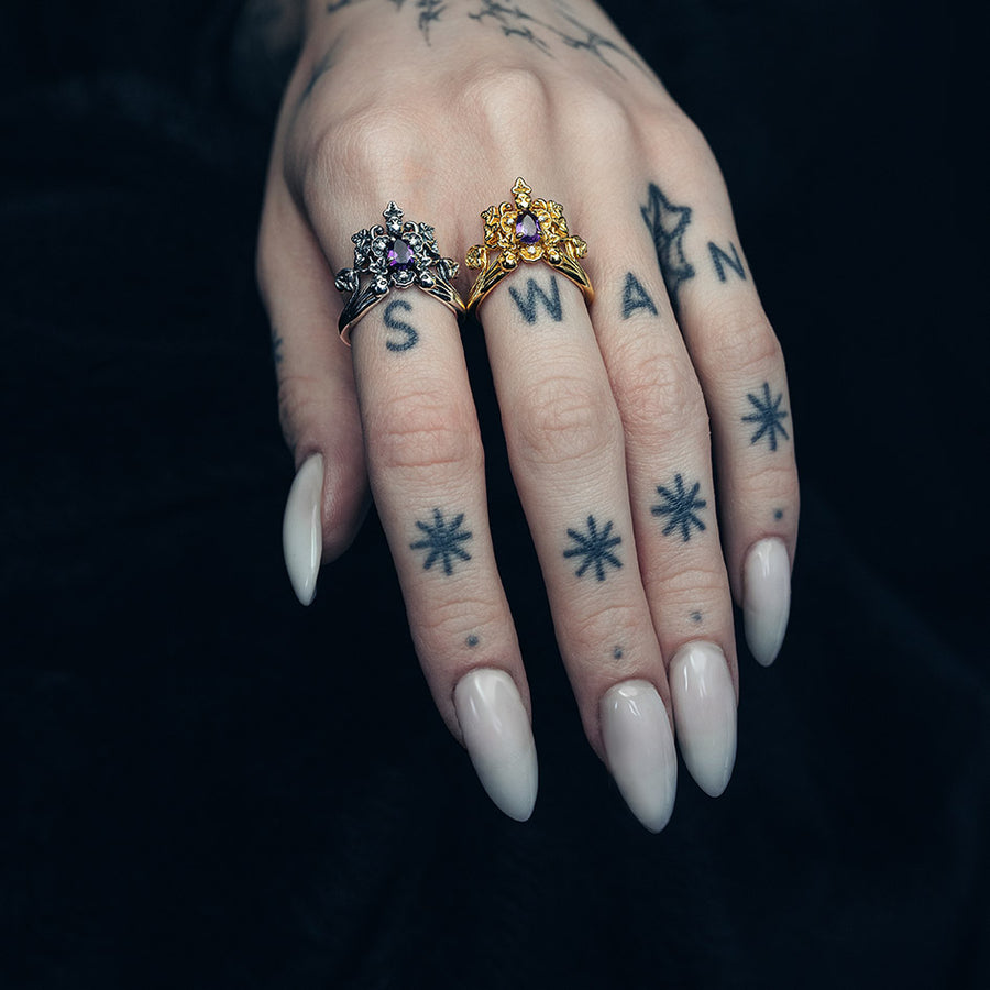 MALVOLIA. Garden of Remembrance Amethyst Ring - Silver Cemetery garden amethyst ring