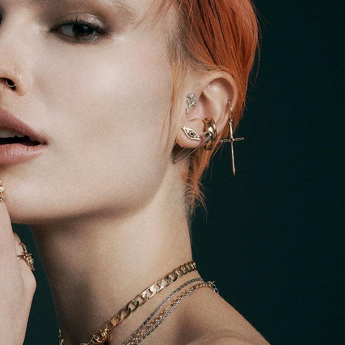 ELYSIAN. Black Spinel Dagger Hoop Earrings - Silver Dagger-hoop-earrings.