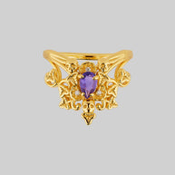 Gold and amethyst skull and leaves ring