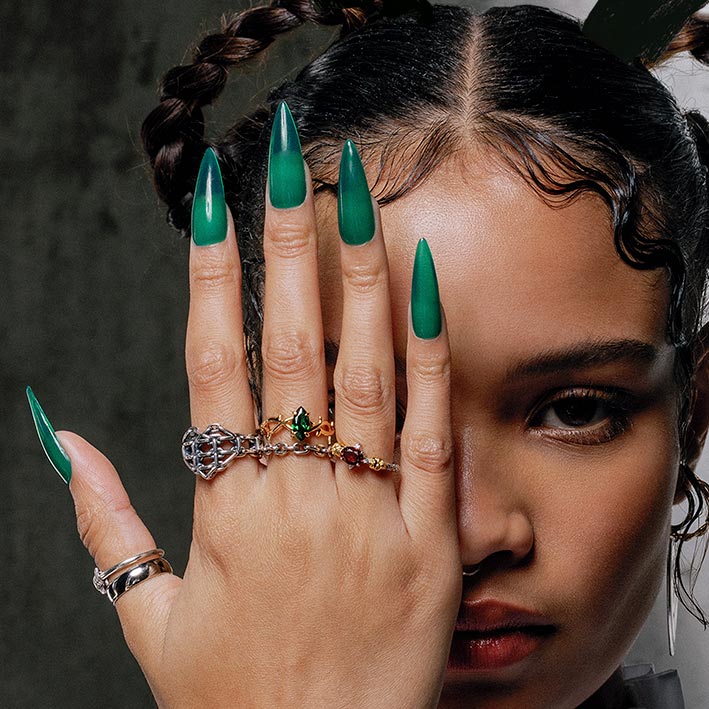 REVIVAL. Green CZ Thorn Band Ring - Gold Green gemstone eye ring