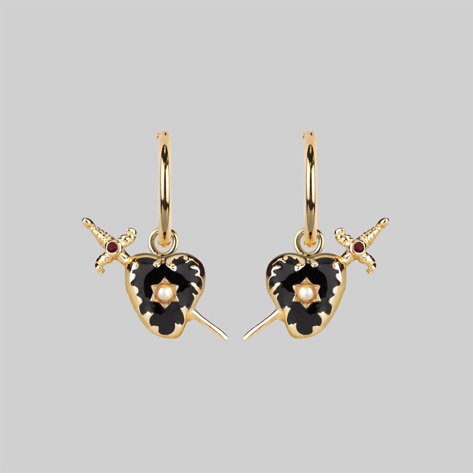 Gold and black heart dagger earrings