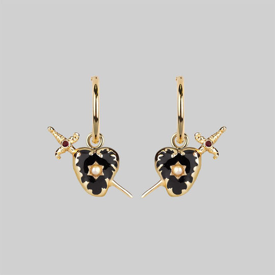 DEVOTION. Black Heart & Sword Hoop Earrings - Gold