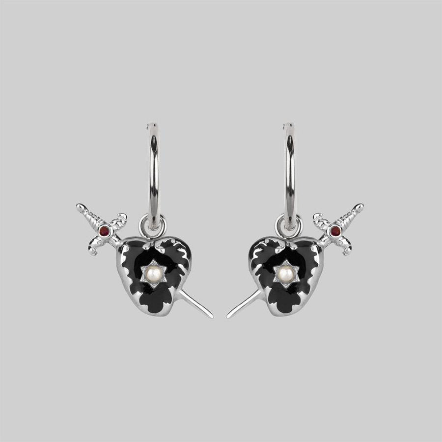 DEVOTION. Black Heart & Sword Hoop Earrings - Silver