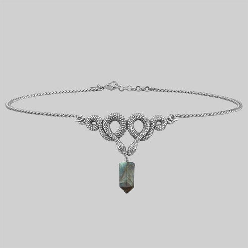 UNITE. Hand Grasping Green Glass Heart Necklace - Silver