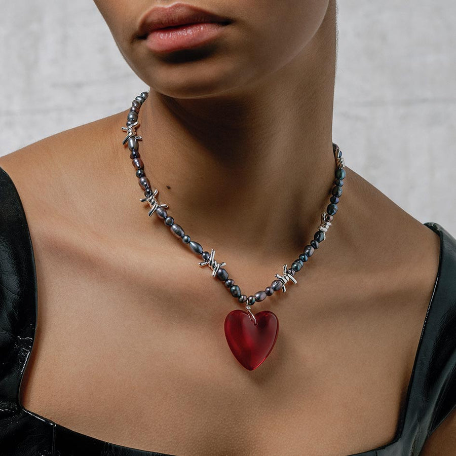 HEART OF STONE. Barbed Wire & Black Pearl Necklace - Silver Large red glass heart black pearl necklace